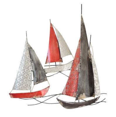 fresque marine murale métal régate 3 voiliers gris et rouge