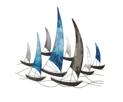 fresque murale métal régate de voiliers bleu et gris