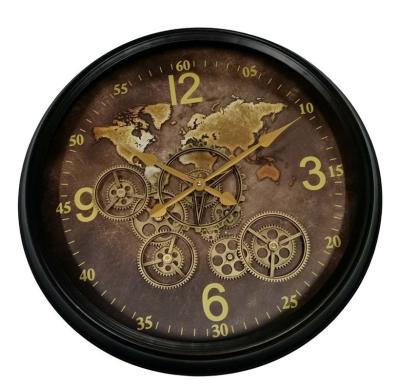 horloge métal industrielle mappemonde noir or avec rouages visibles