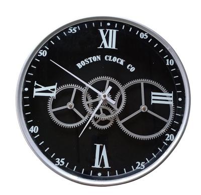horloge métal industrielle noir argent avec rouages visibles