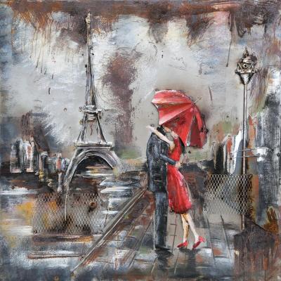 Tableau art métal 3D les amoureux à Paris devant la Tour Eiffel