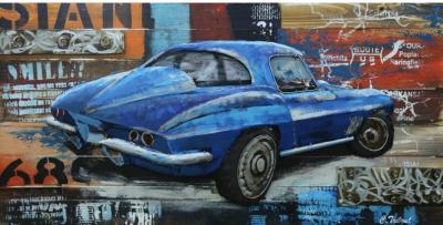 tableau art métal vintage 3D Corvette bleue