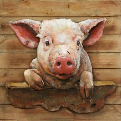 tableau métal bois portrait cochon Mr Pigg