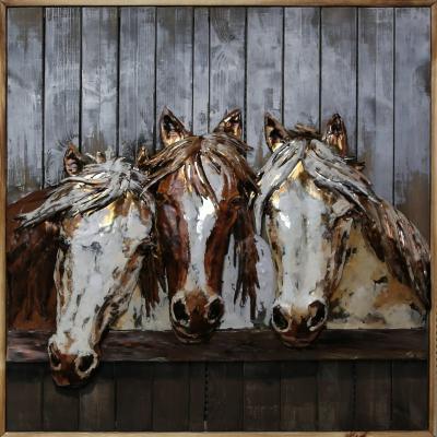 tableau art métal 3D bois chevaux dans leur box