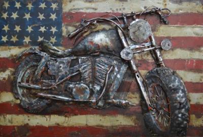 tableau déco art métal 3D moto US sur drapeau américain