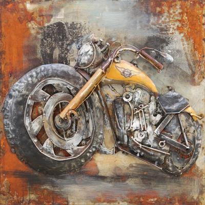 tableau déco art métal 3D moto Harley Davidson jaune
