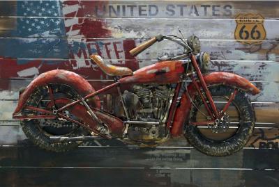 tableau art métal sur bois moto Route 66 US
